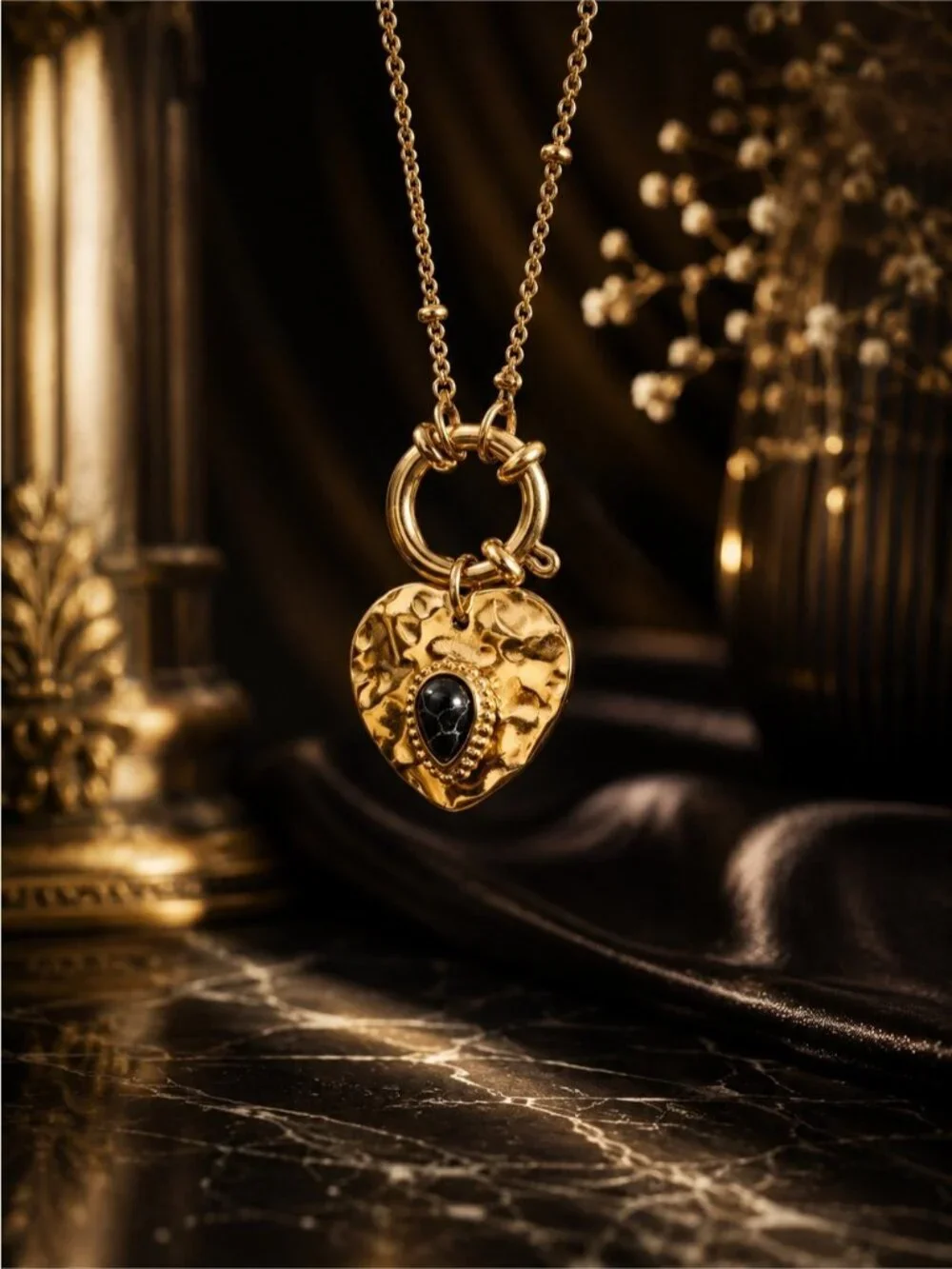 Gold plated Heart Pendant Necklace with Black Teardrop Accent